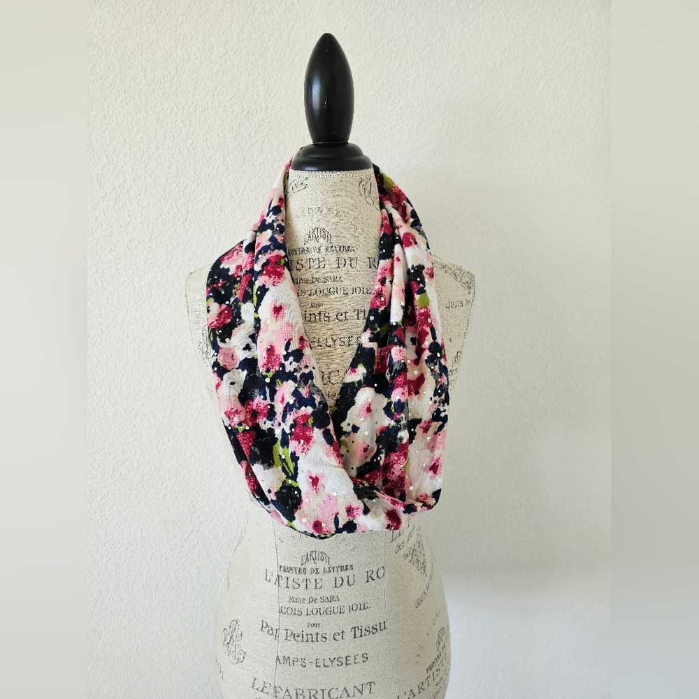 Floral Infinity Scarf with Silver Sequin Accents – Navy Blue & Pink Lightweight